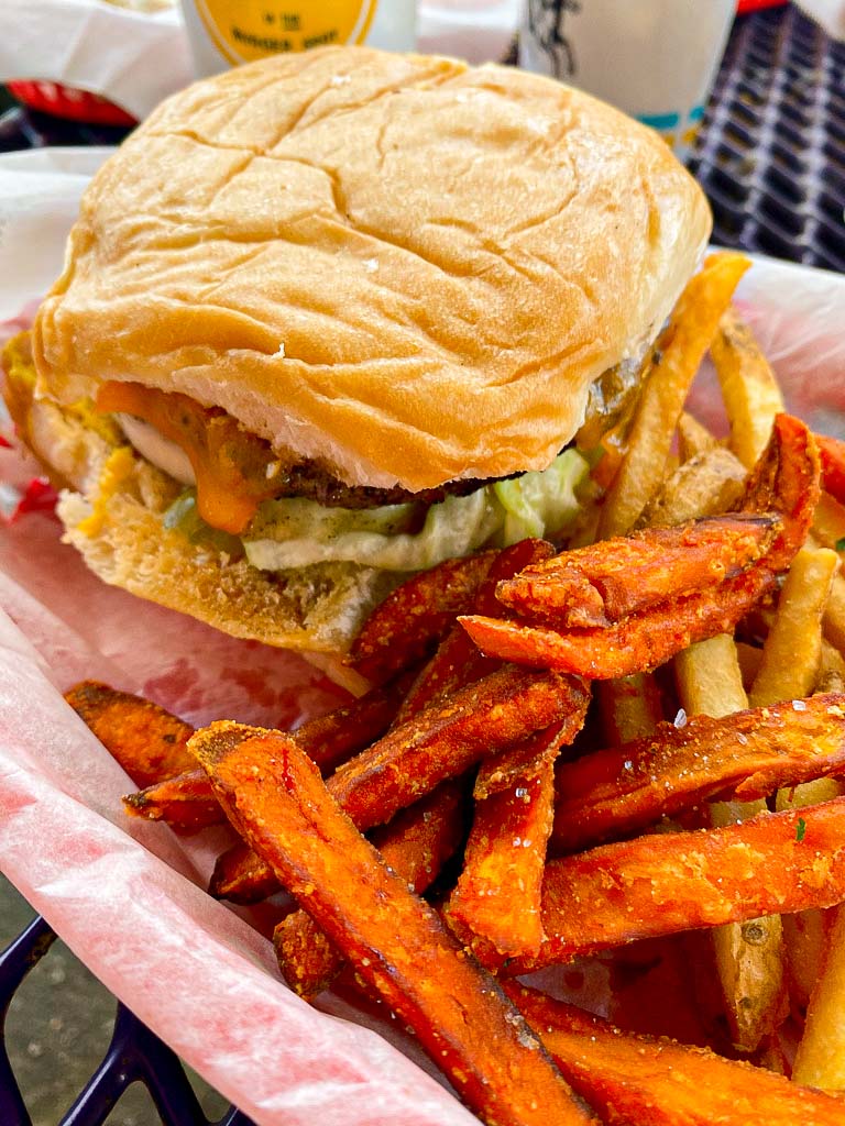 burger and sweet potato fries at Phil's Ice House