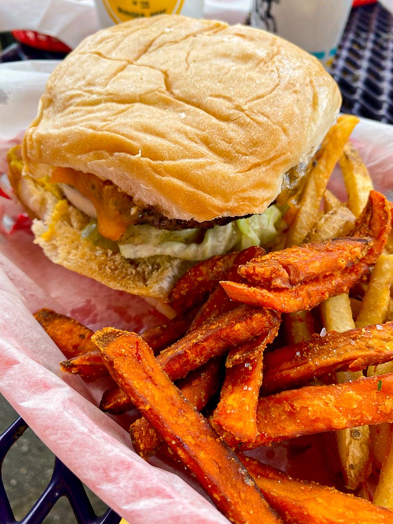 burger and sweet potato fries